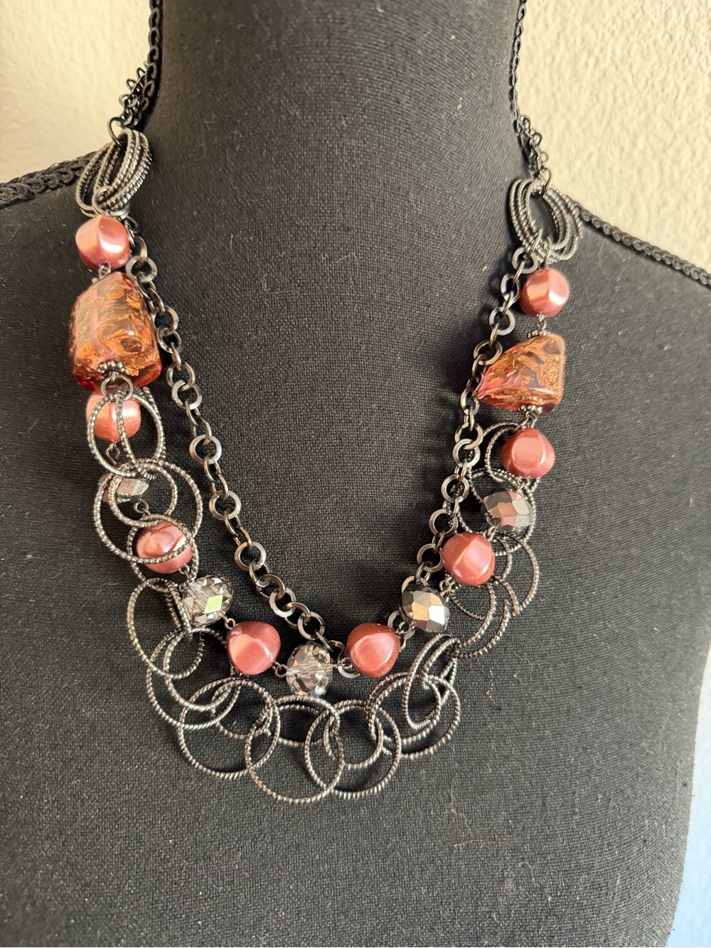 Statement Pink Beaded Multi-Chain Necklace
